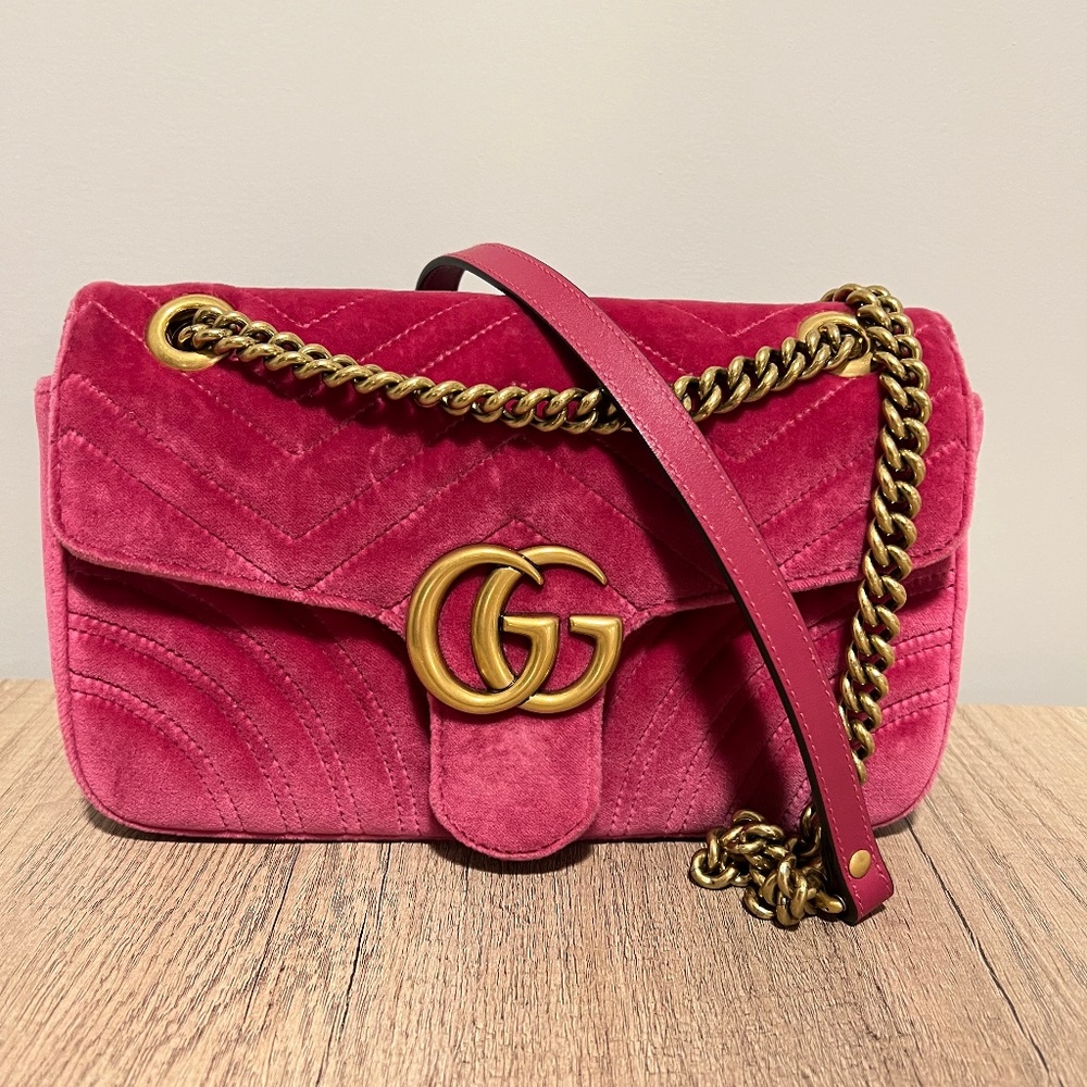 Gucci Pink/Rose Matelassé Velvet GG Marmont Small Shoulder/Crossbody Bag